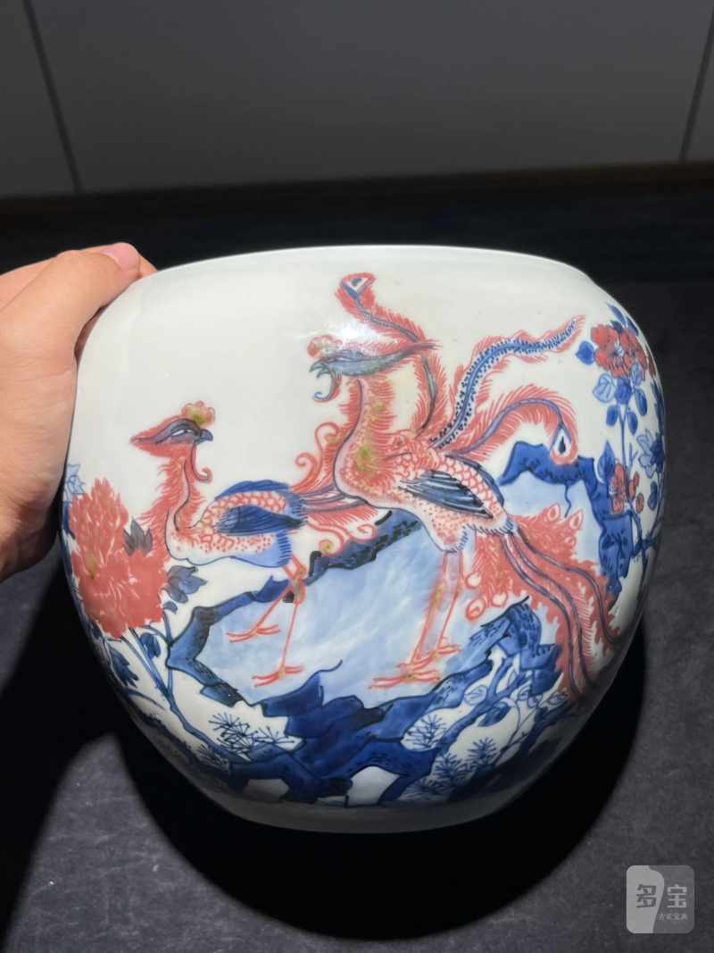 清康熙 青花釉里红凤凰牡丹纹卷缸 - 图2